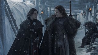 Jacaerys Velaryon walks along the Wall with Cregan Stark in House of the Dragon season 2