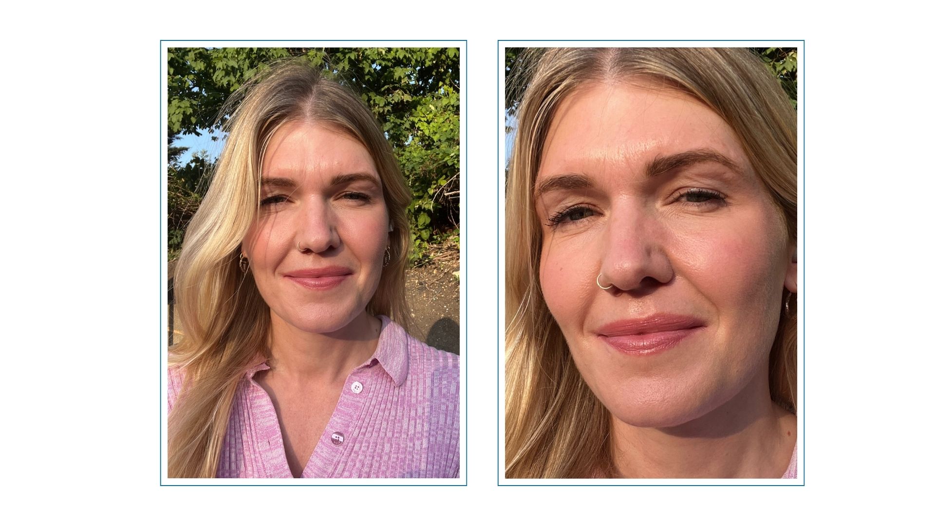 Two close up images of beauty editor, Fiona McKim, side by side. In both she is wearing a pink top with long blonde hair and even skin wearing Givenchy Prism Libre foundation
