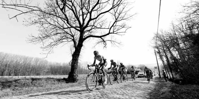 The day's eventual winner, Niki Terpstra, leads the break early on up the Eikenberg at the Dwars door Vlaanderen.