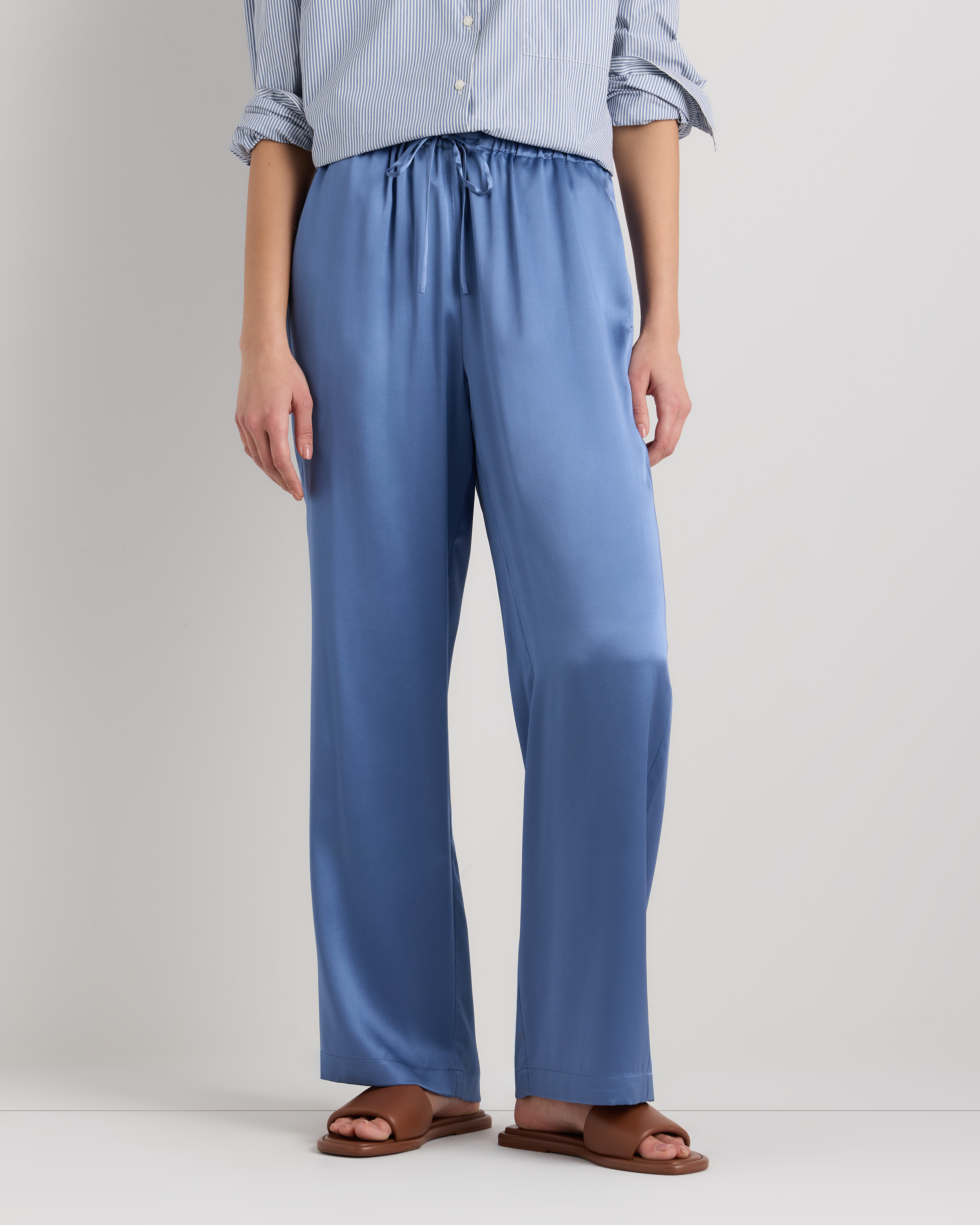 100% Washable Silk Drawstring Wide Leg Pants in Moonstone Blue