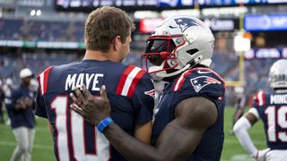 New England Patriots teammates Drake Maye and AJ Brown in conversation