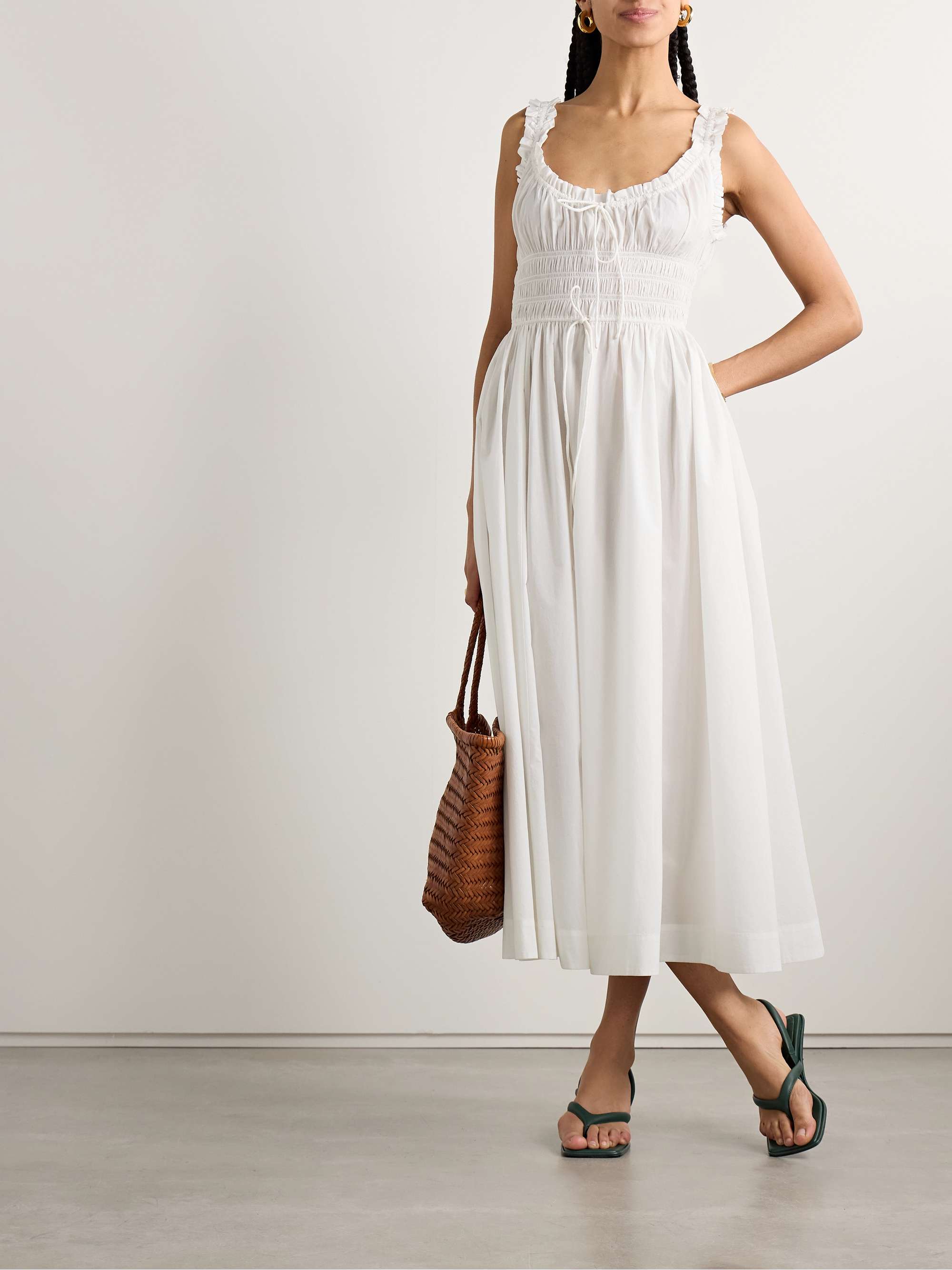 Emmaretta Tie-Detailed Shirred Cotton-Voile Midi Dress