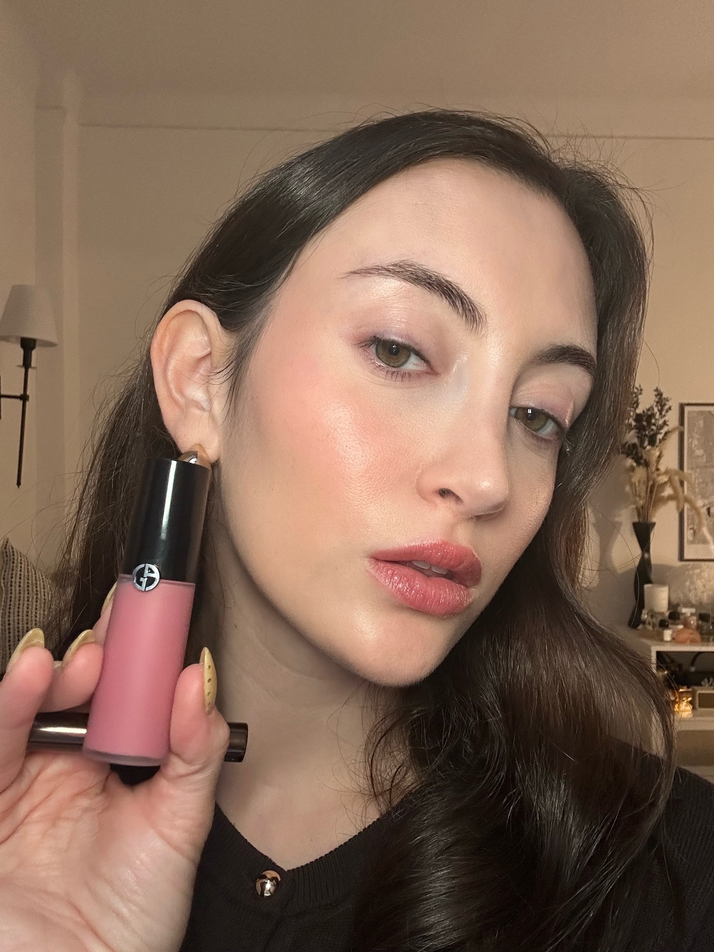 Associate beauty editor Alyssa Brascia wears the Armani Beauty Cheek Tint in Delicate Mauve.