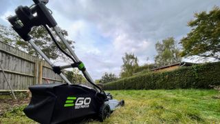 EGO POWER+ LM2135SP 21-in Cordless Lawn Mower being tested in writer's yard