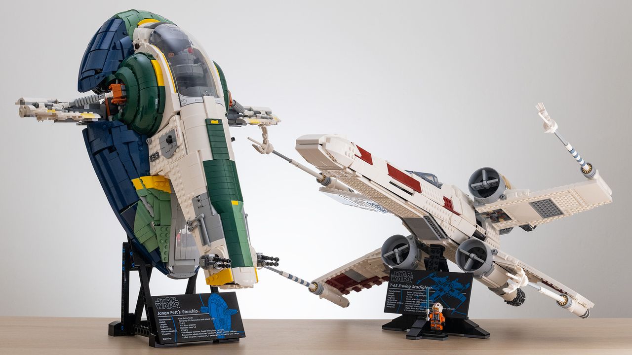 Lego Star Wars UCS Jango Fett&rsquo;s Firespray-Class Starship (75409) next to Lego Star Wars UCS X-Wing Starfighter (75355)