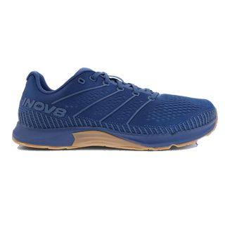 Inov8 F-Fly shoe seen in profile with blue upper and tan outsole on white background