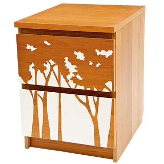 wooden chest of drawers with tree design