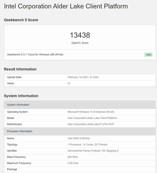 14 Core Alder Lake Geekbench 5 Graphics Bench and Specs