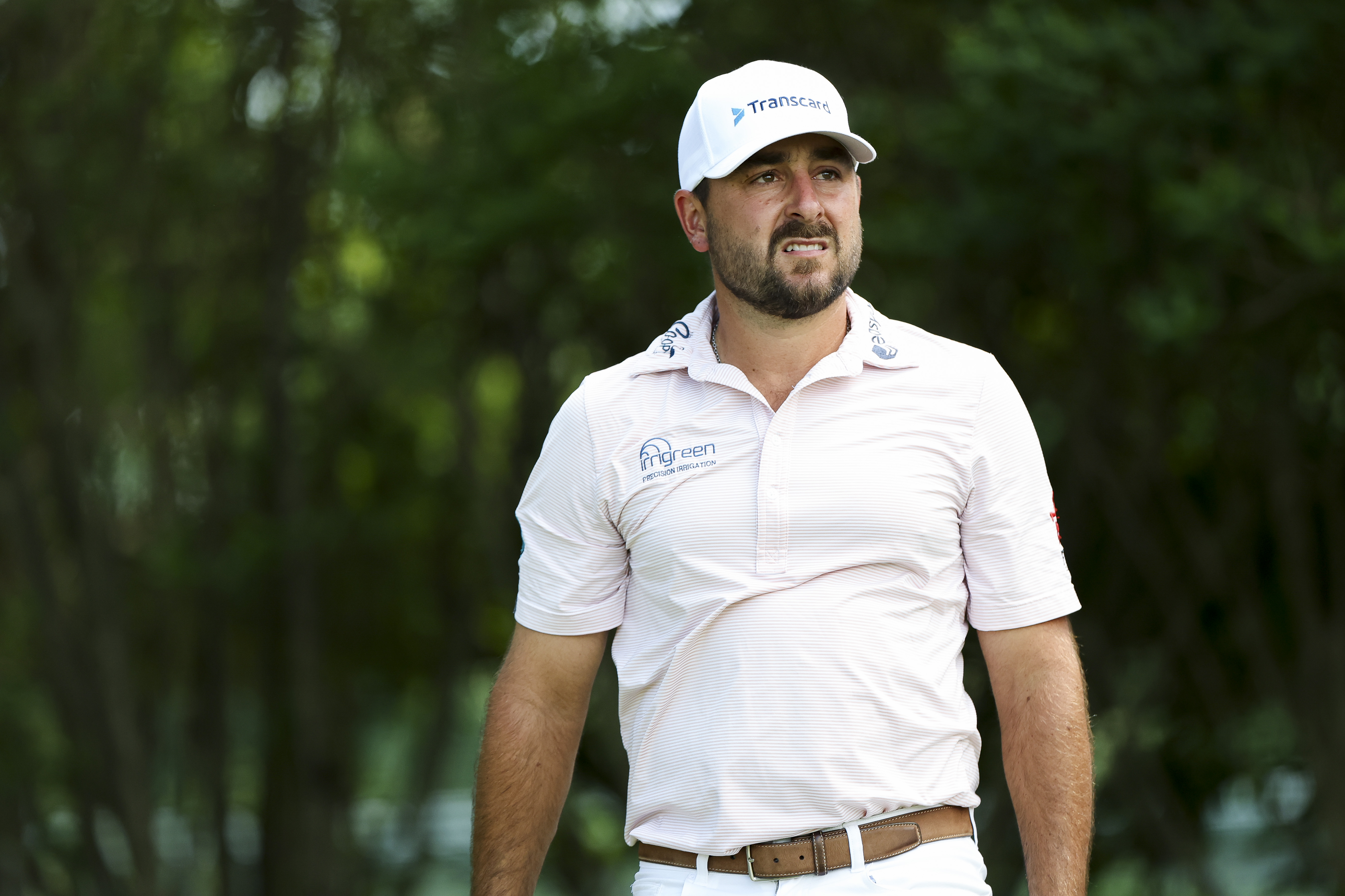 Stephan Jaeger grimaces while watching his tee shot