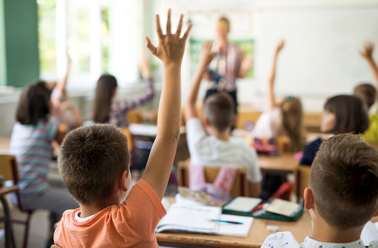 Rear view of little boy and his classmates raising arms to answer teacher&amp;#039;s question during the lecture in the classroom.