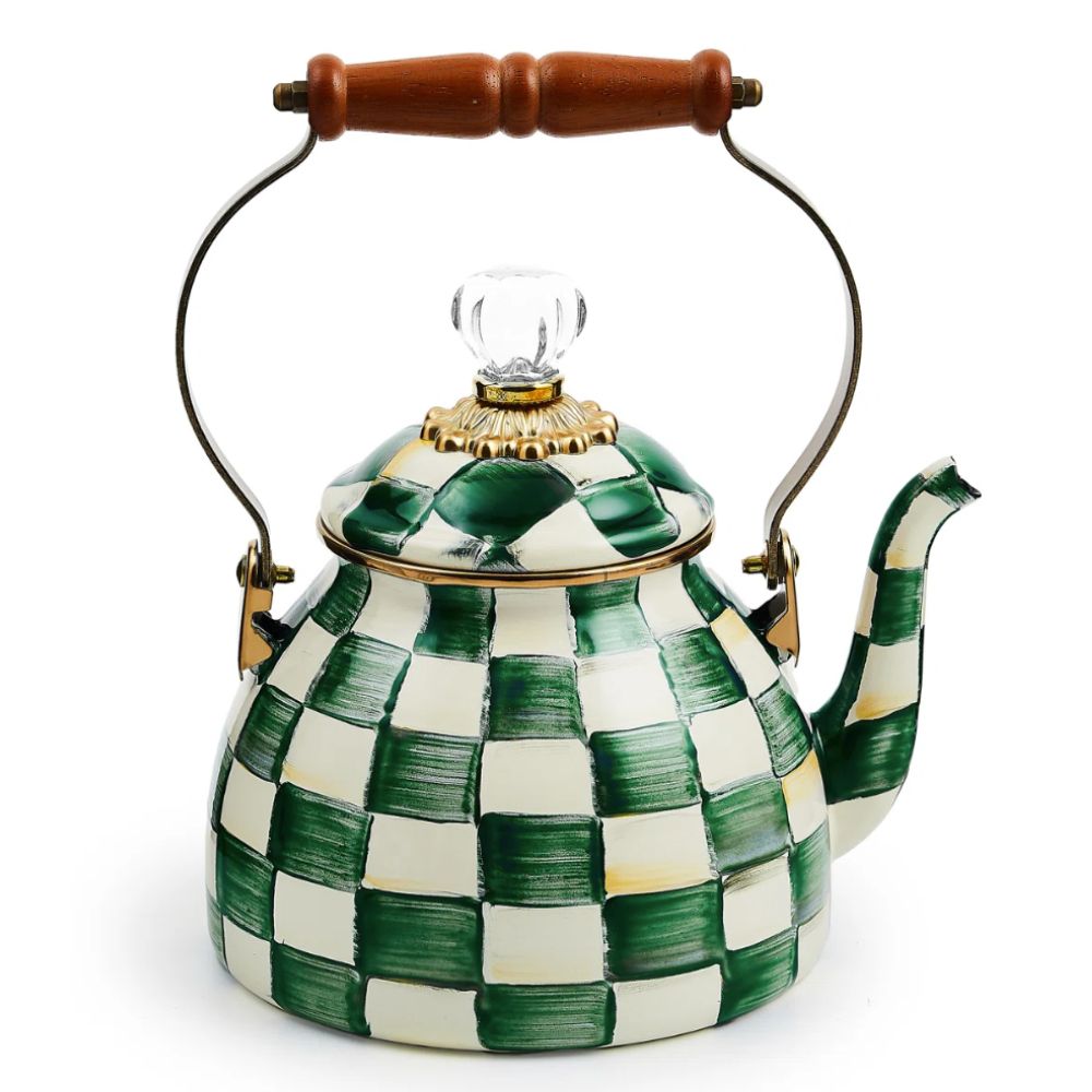 green and cream checked kettle with handle