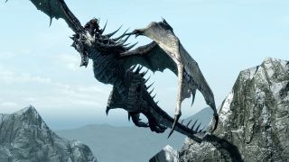 A dragon flying through the sky in Skyrim