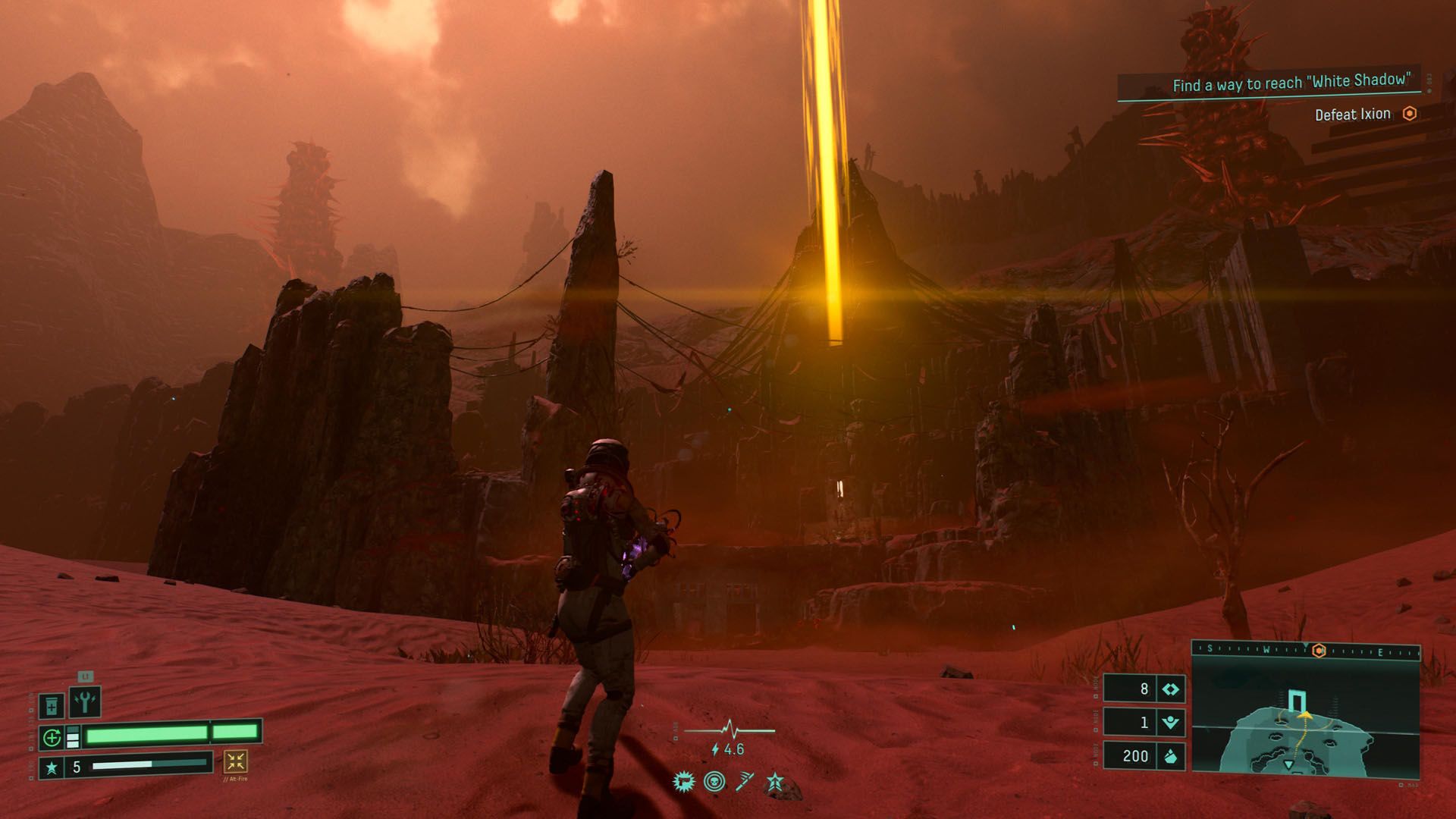 A beam of light guides Selene&#039;s way through a desert in Returnal