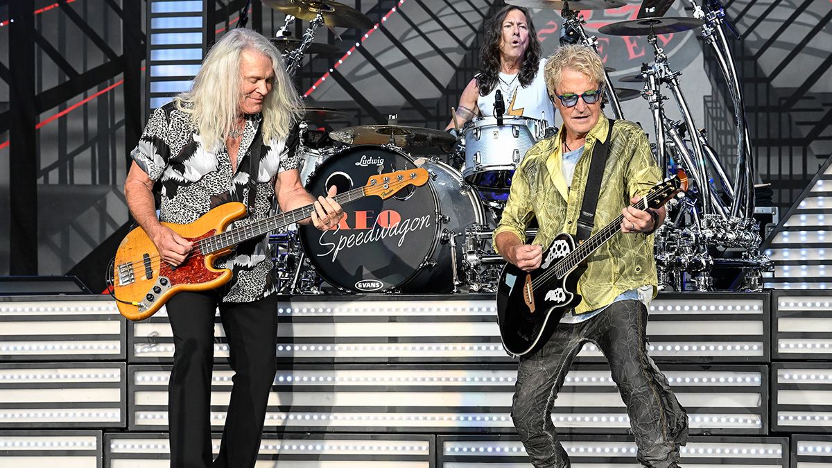 (R-L) Kevin Cronin and Bruce Hall of REO Speedwagon perform at Shoreline Amphitheatre on July 15, 2022 in Mountain View, California