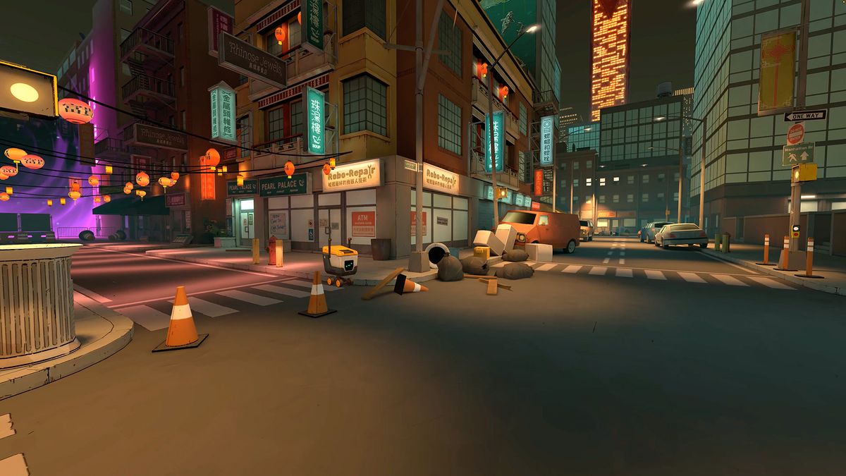An official screenshot of TMNT: Empire city for the Meta Quest showing Chinatown