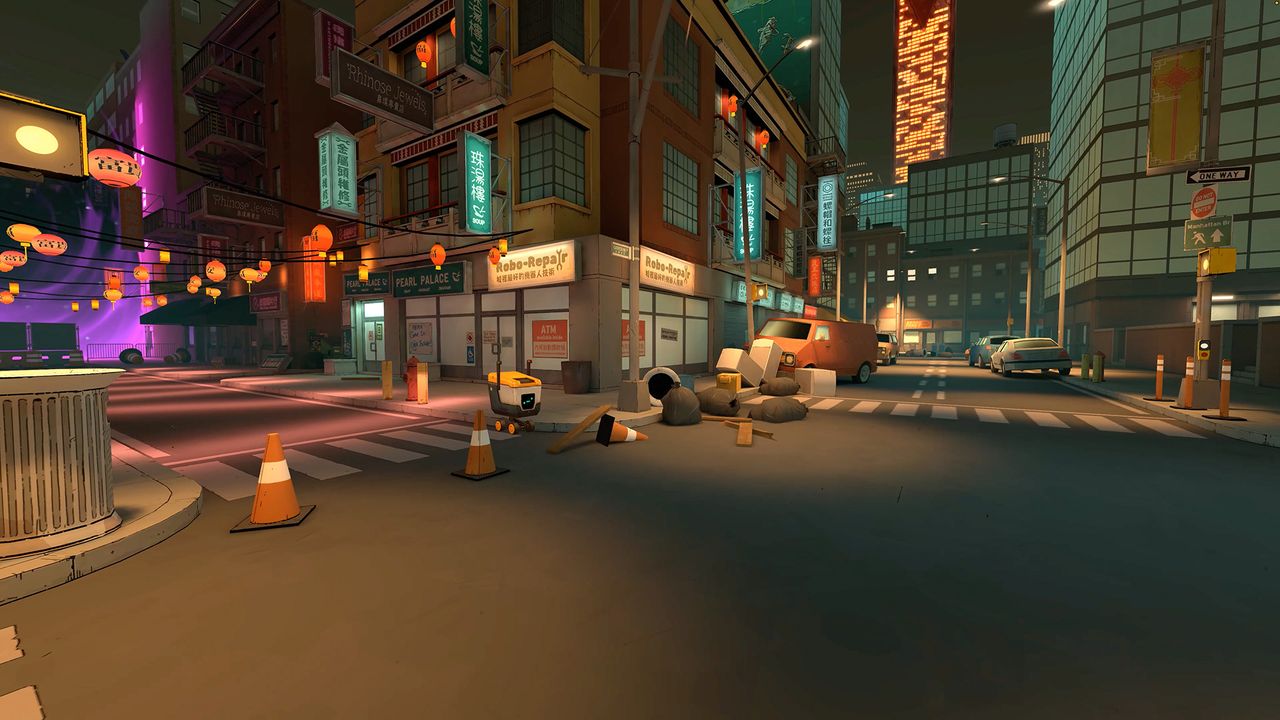 An official screenshot of TMNT: Empire city for the Meta Quest showing Chinatown