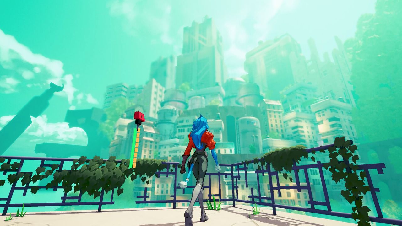 Wanderer approaches futuristic city in Hyper Light Breaker