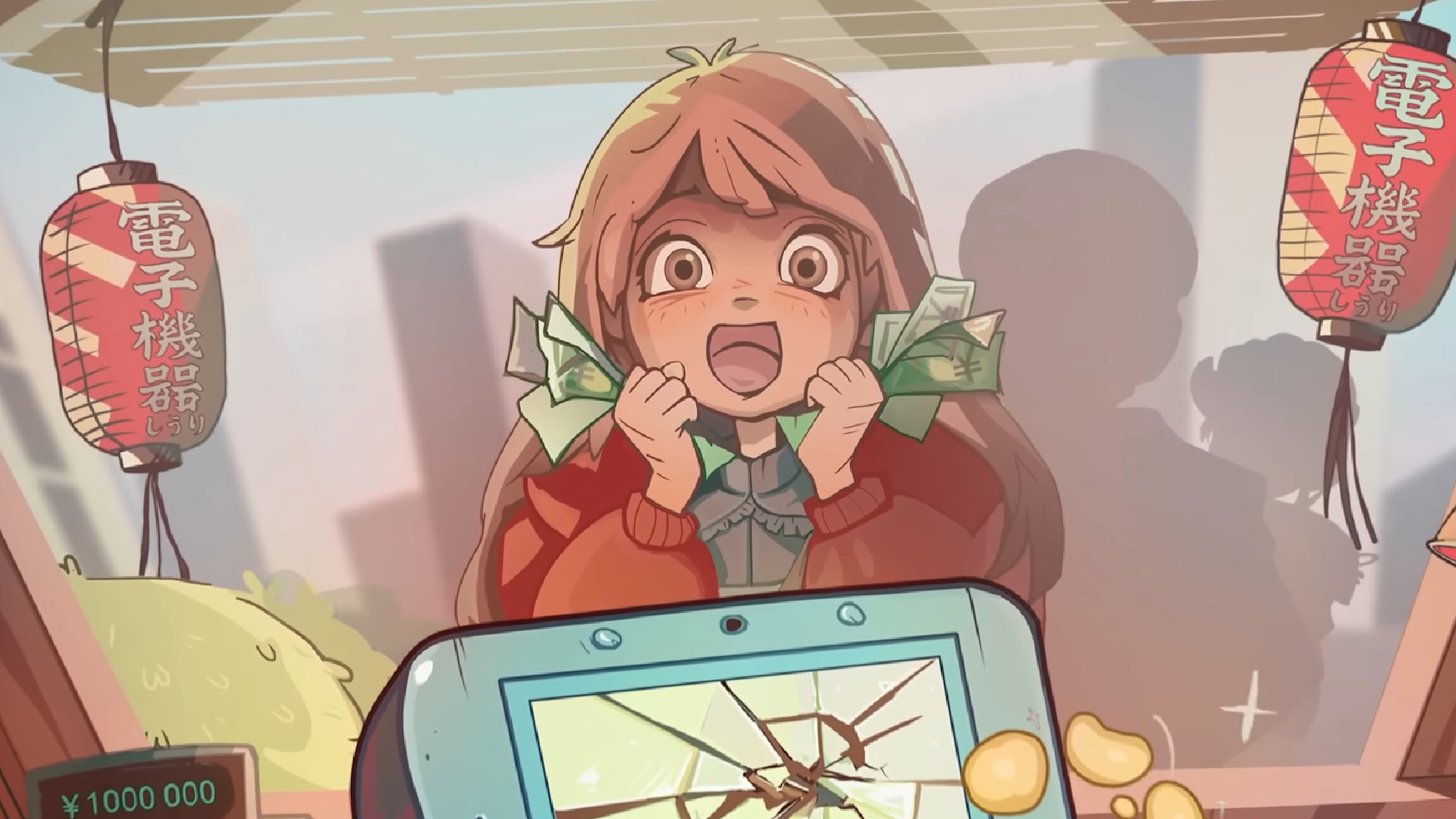 An anime-style girl with cash in hand excitedly comes up to the window of a small electronics shop in key art for ReStory