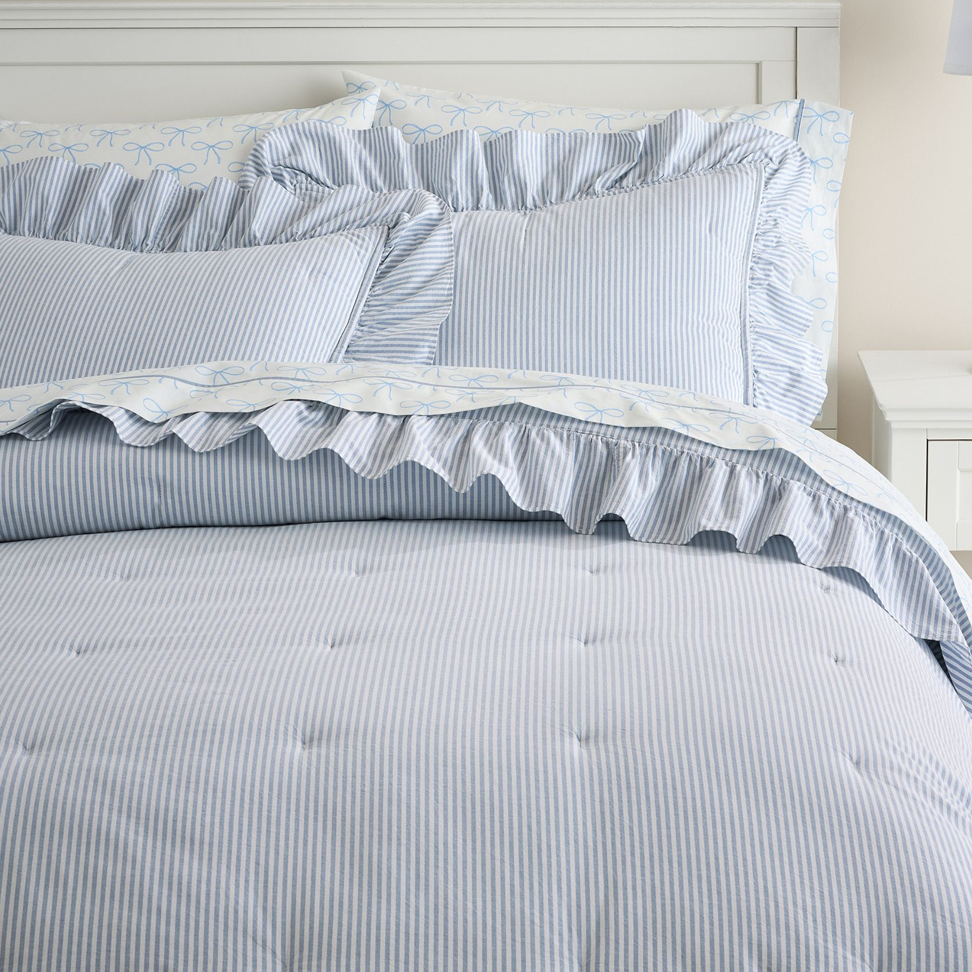 blue and white striped bedding