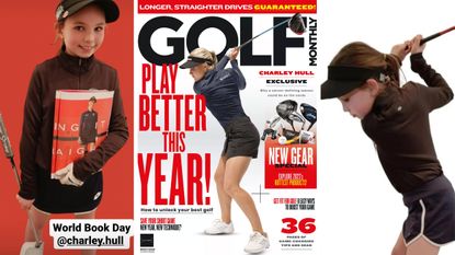 Golf Monthly cover and 9-year-old Esme dressed as cover star Charley Hull