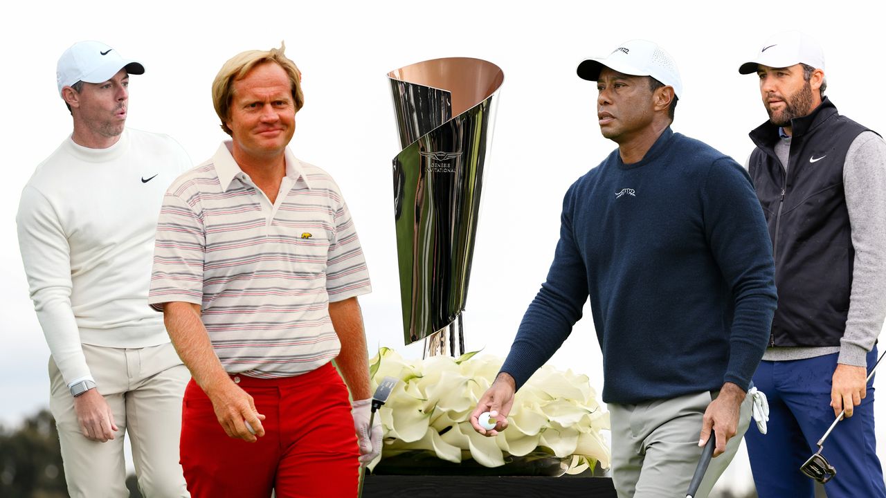 Images of Rory McIlroy, Jack Nicklaus, the Genesis Invitational trophy, Tiger Woods and Scottie Scheffler (L to R)