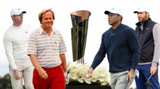 Images of Rory McIlroy, Jack Nicklaus, the Genesis Invitational trophy, Tiger Woods and Scottie Scheffler (L to R)
