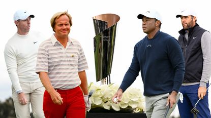 Images of Rory McIlroy, Jack Nicklaus, the Genesis Invitational trophy, Tiger Woods and Scottie Scheffler (L to R)