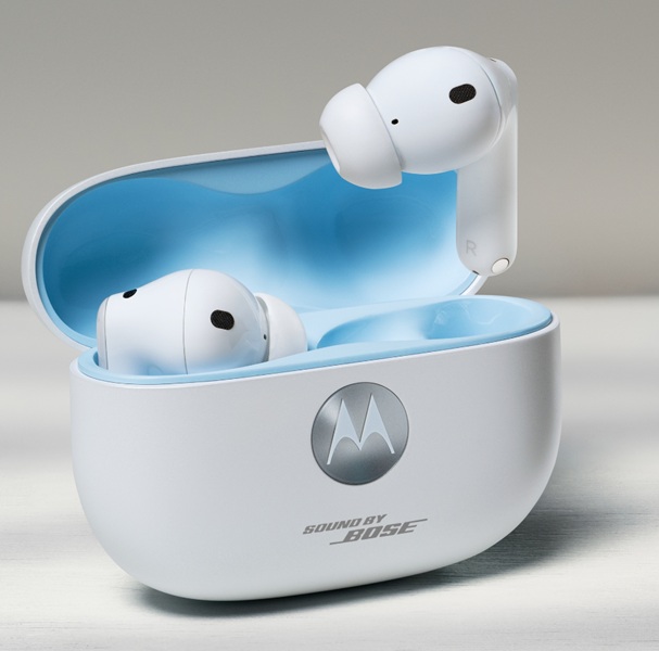 A leaked render of the Moto Buds 2 Plus in white, sitting inside of its charging case with a light blue aesthetic.