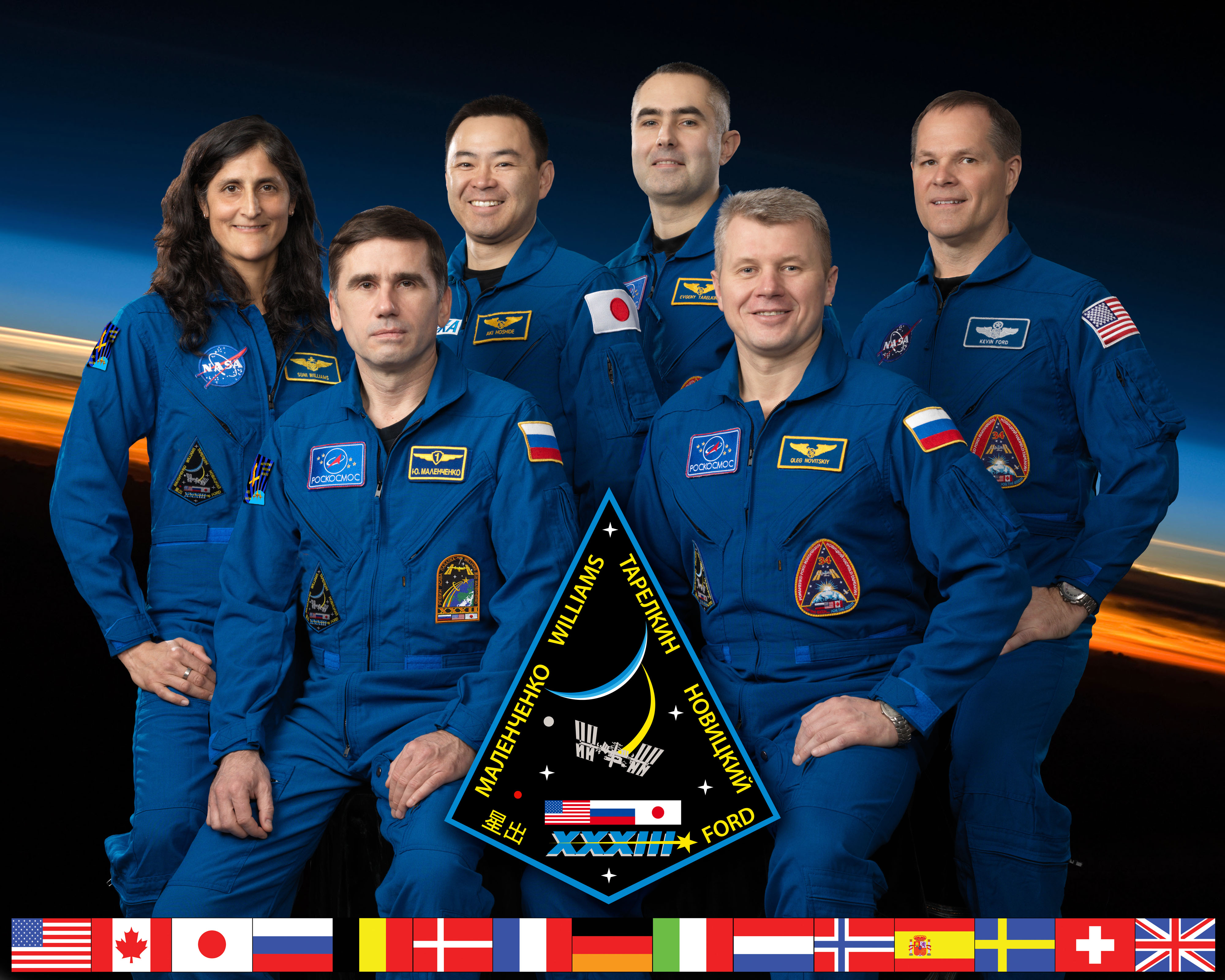 The International Space Station's Expedition 33 crew. From left: NASA astronaut Sunita Williams, Russian cosmonaut Yuri Malenchenko, Japannese astronaut Akihiko Hoshide, Russian cosmonauts Evgeny Tarelkin and Oleg Novitskiy and NASA astronaut Kevin Ford.
