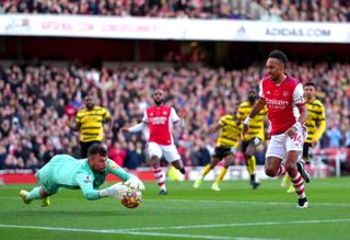 Pierre-Emerick Aubameyang (right) has a penalty saved
