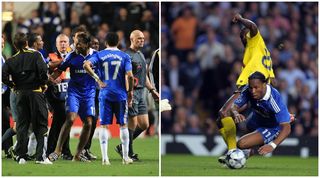 LONDON - MAY 06: Eric Abidal of Barcelona battles for the ball with Didier Drogba of Chelsea during the UEFA Champions League Semi Final Second Leg match between Chelsea and Barcelona at Stamford Bridge on May 6, 2009 in London, England. (Photo by Darren Walsh/Chelsea FC via Getty Images)