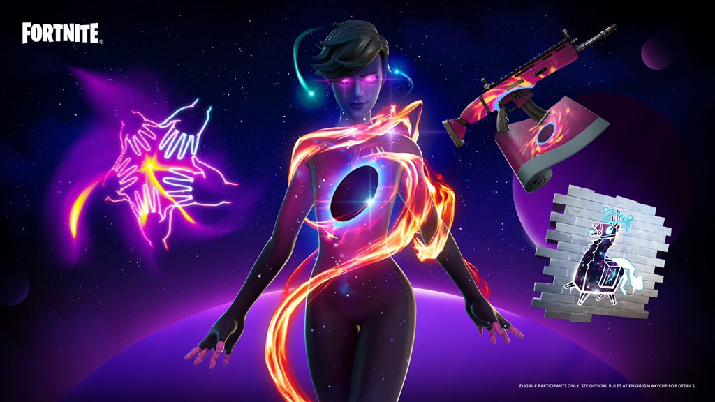 A feminine looking Fortnite Skin with a body made up of stars, a black hole at their center and a solar flare swirling around them