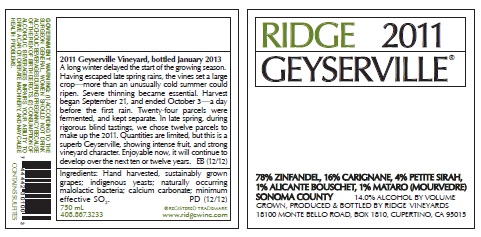 Ridge Geyserville 2011 Label