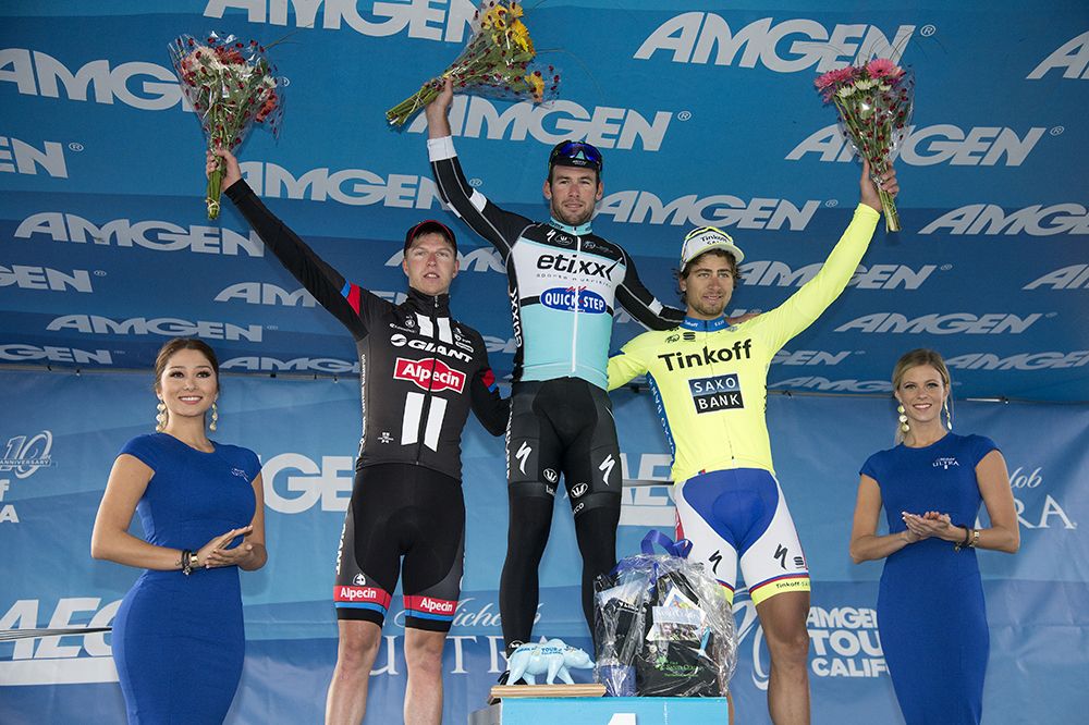 Second place Zico Waeytens (Giant-Alpecin), first place Mark Cavendish (Etixx-Quick Step) and third place Peter Sagan (Tinkoff-Saxo)