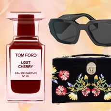 Collage of tom ford perfume, prada sunglasses and wolf jewelry box overlaid orange and pink gradient background