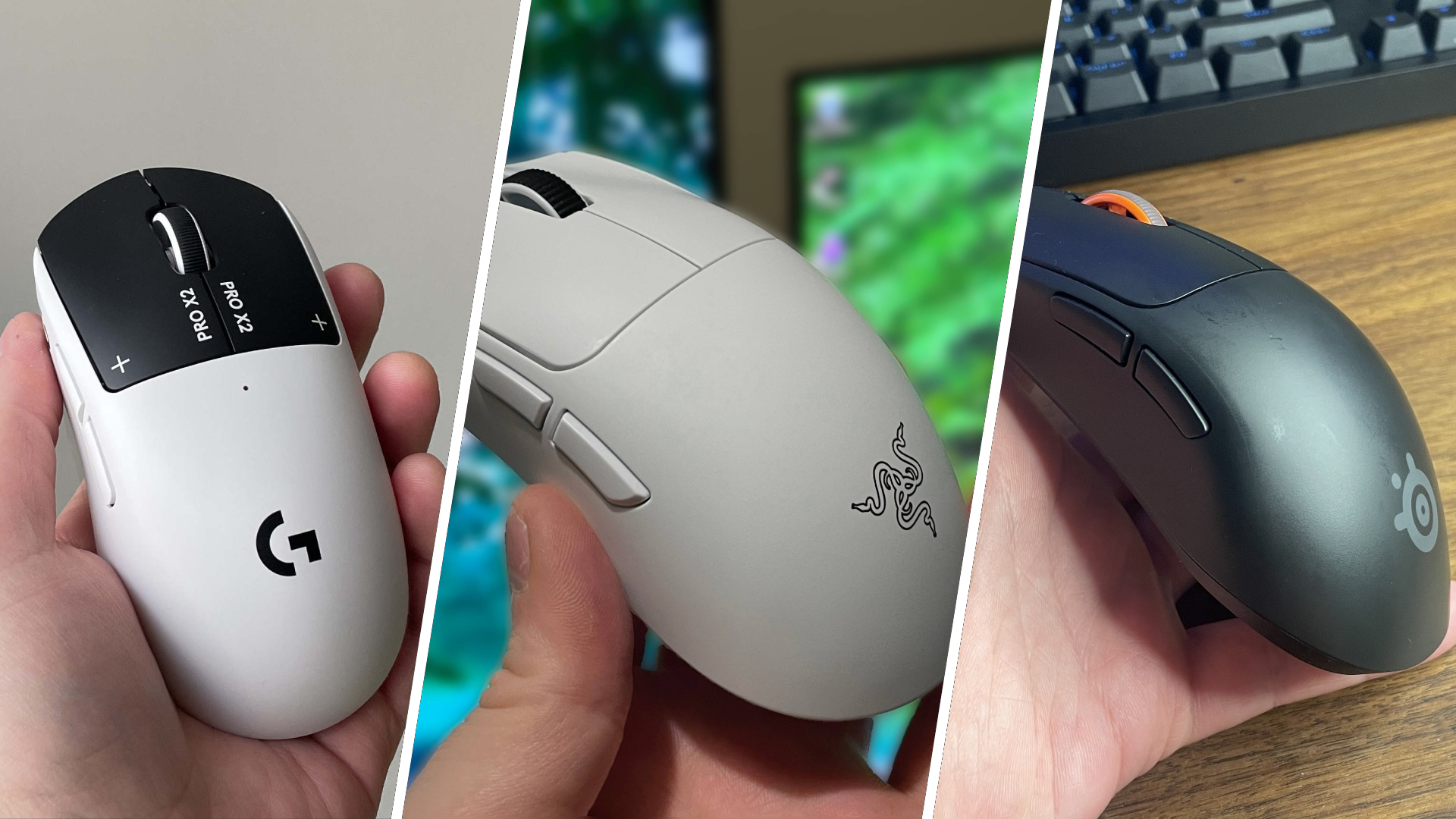 An X2 Superstrike, Viper V4 Pro, and Sensei Pro gaming mouse.