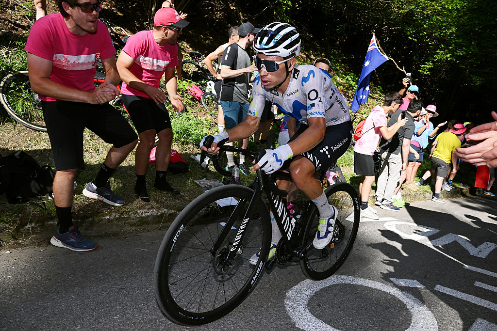 ALLEGHE, ITALY - MAY 29: Einer Rubio of Colombia and Team Movistar competes during the 109th Giro d&amp;amp;apos;Italia 2026, Stage 19 a 151km stage from Feltre to Alleghe - Piani di Pezze 1467m / #UCIWT / on May 29, 2026 in Alleghe, Italy. (Photo by Dario Belingheri/Getty Images)
