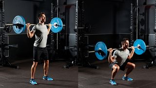 Man demonstrates two positions of the back squat, with a barbell resting across the back of his shoulders