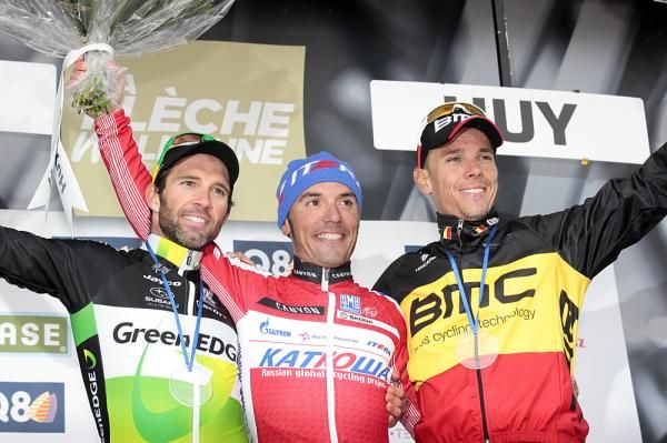 The 2012 Fleche Wallonne podium: Michael Albasini (GreenEdge), Joaquim Rodriguez (Katusha) and Philippe Gilbert (BMC)