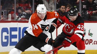 Philadelphia Flyers' Owen Tippett and New Jersey Devils' Curtis Lazar