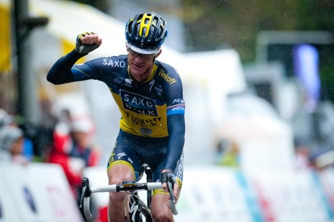 Michael Rogers (Saxo-Tinkoff) celebrates his solo victory in the Japan Cup