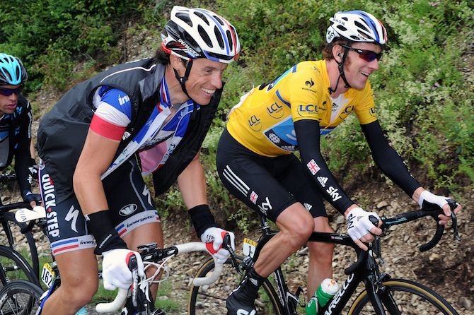 Chavanel enjoy's a joke with Great Britain's Bradley Wiggins during the 2012 Criterium du Dauphine