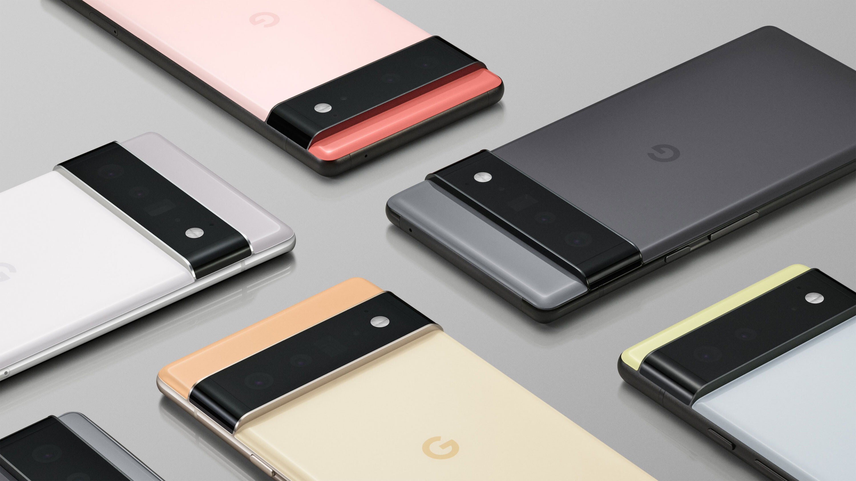 Six Google Pixel 6 handsets in different colors