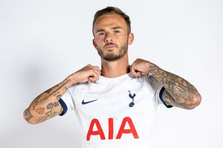 James Maddison poses as he signs for Tottenham Hotspur at Tottenham Hotspur Training Centre on June 28, 2023 in Enfield, England.