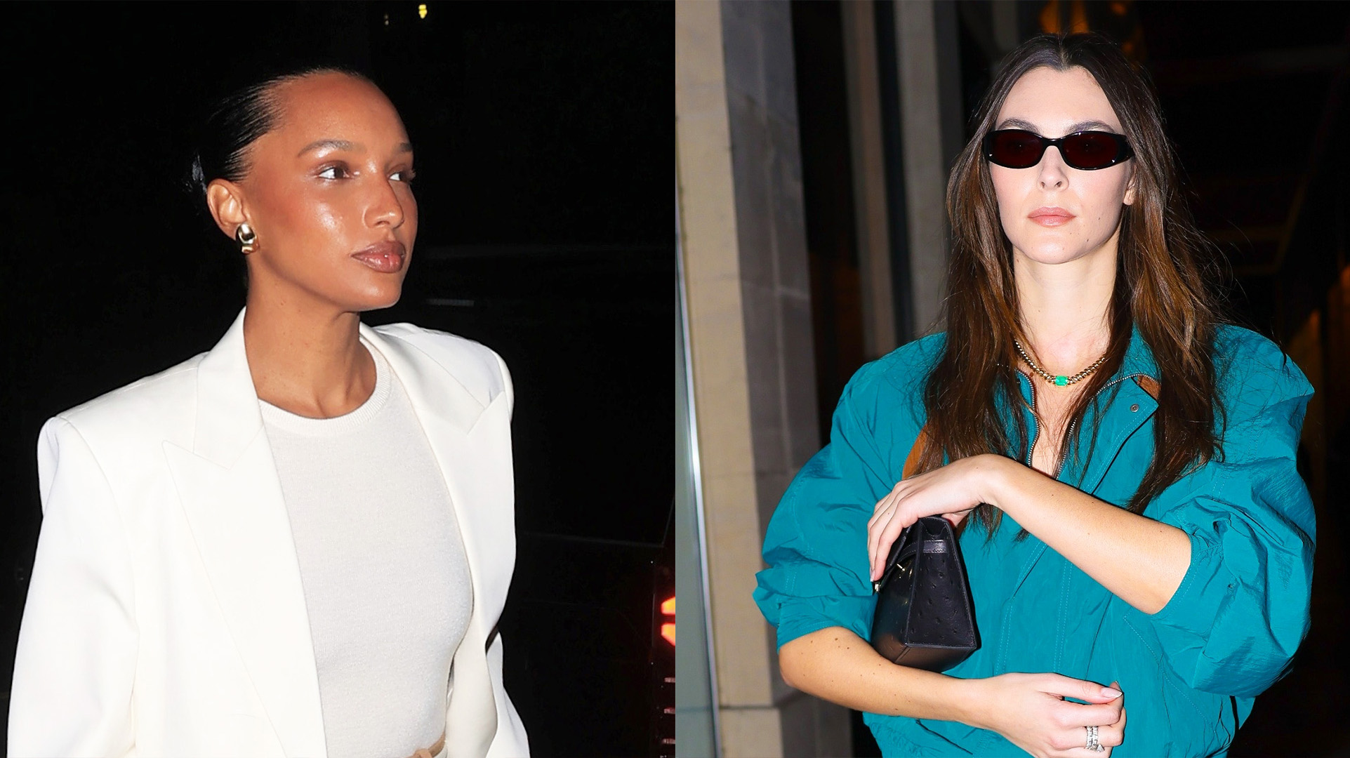 Jasmine Tookes and Vittoria Ceretti wearing khaki knee-length skirts