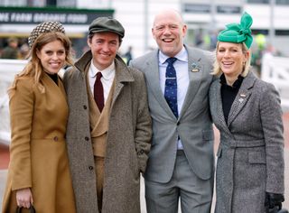 Princess Beatrice and Zara Tindall pose with their husbands at Cheltenham Racecourse on March 14, 2024.