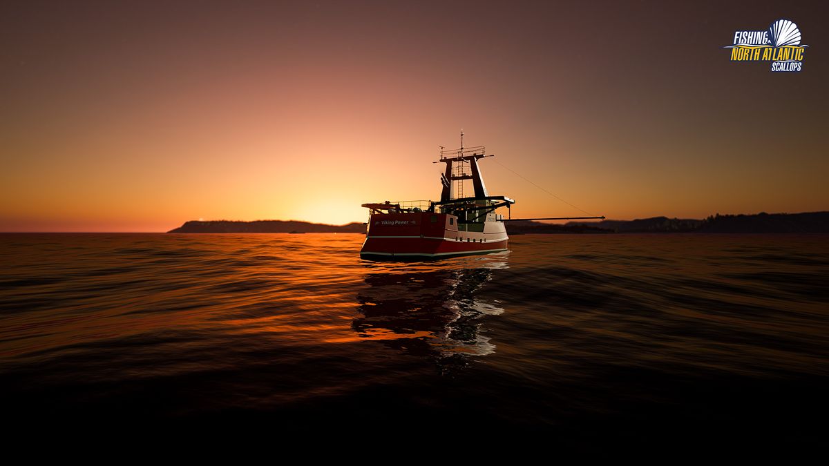 A screenshot from the game Fishing: North Atlantic's Scallops expansion. There are boats and scallops.