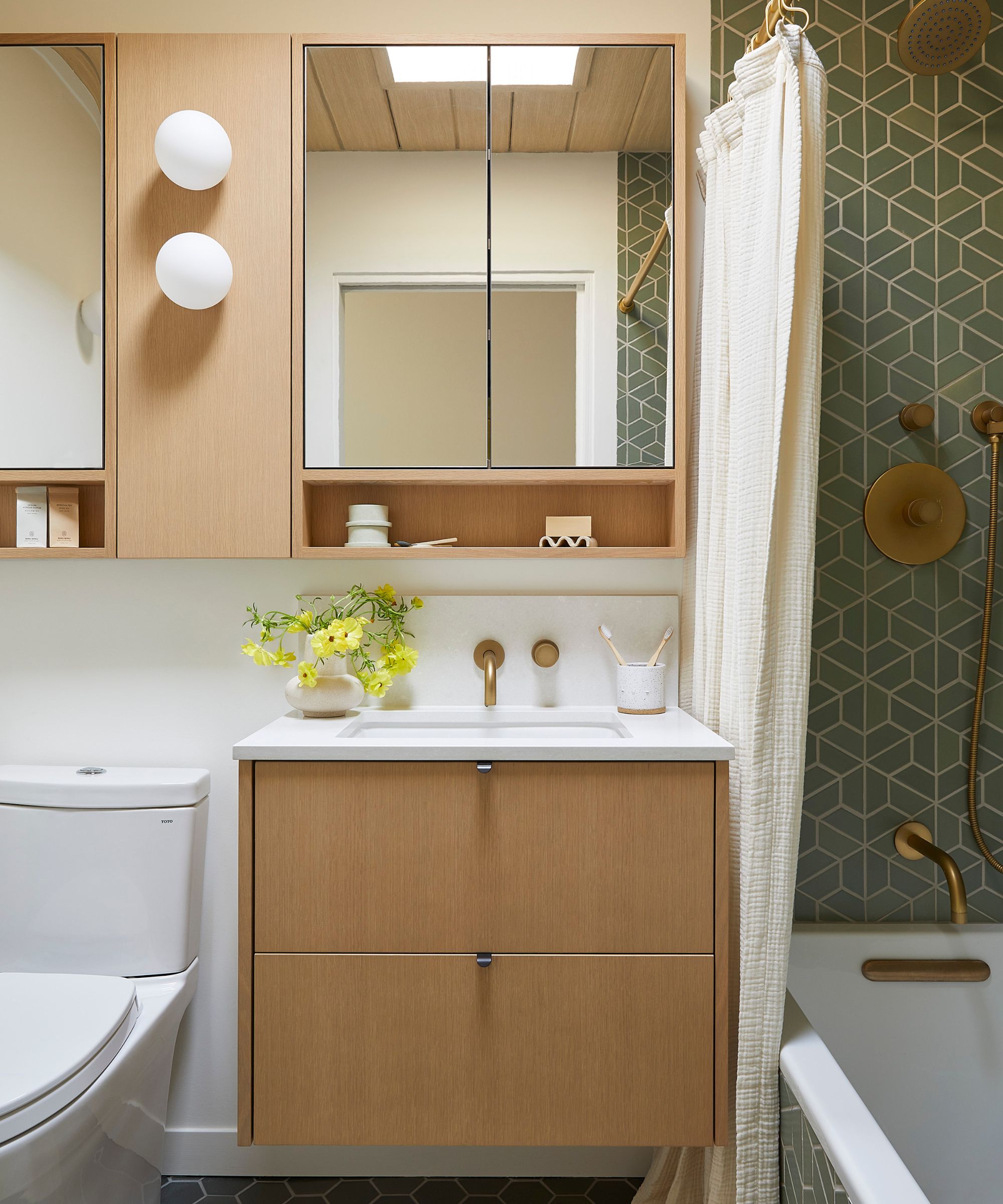 A small bathroom with a wooden floating vanity