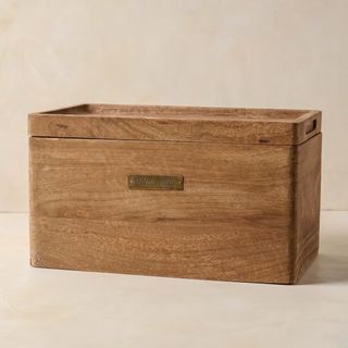 Antiqued Wood Storage Box with a small brass tag on the front, engraved with Magnolia