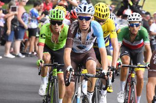 Romain Bardet (AG2R-La Mondiale) leading the yellow jersey group up Col de Peyra Taillade on stage 15